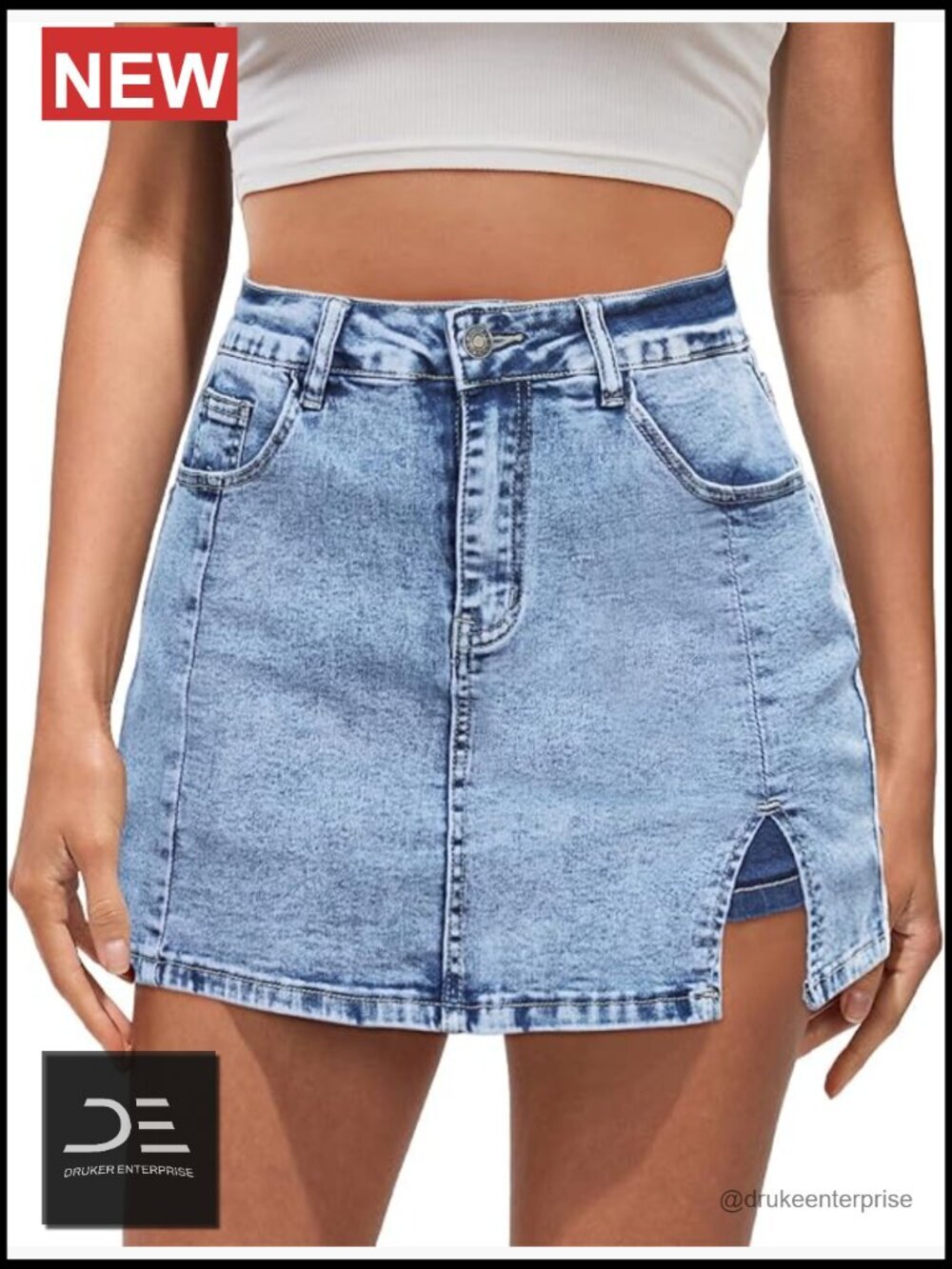 High Waisted Slit Denim Skort with Pockets - Stretchy Cotton Blend
